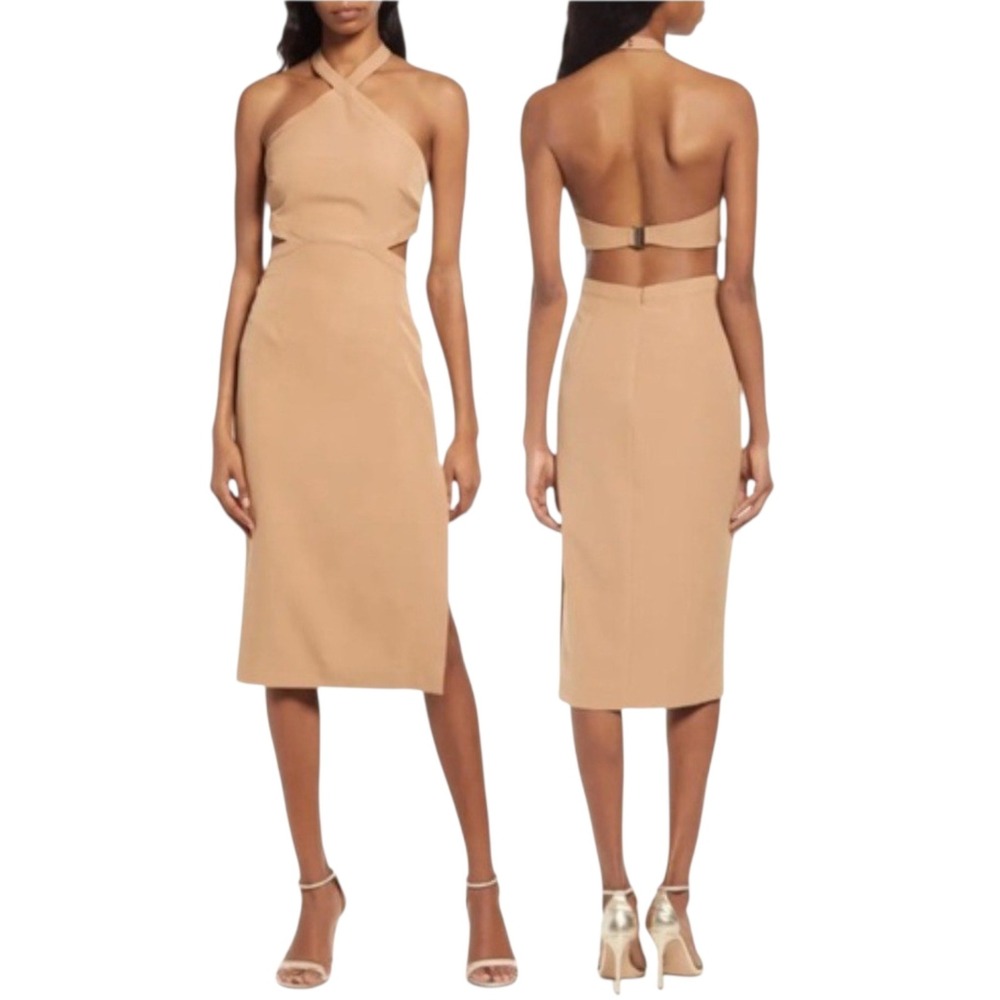 NWT  Bardot Halter Midi Dress Womens Tan Cut Out Open Back‎ Cocktail Neutral 10